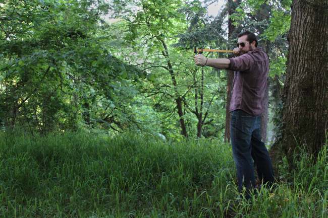 Montie Gear Slingshot in the woods in Oregon